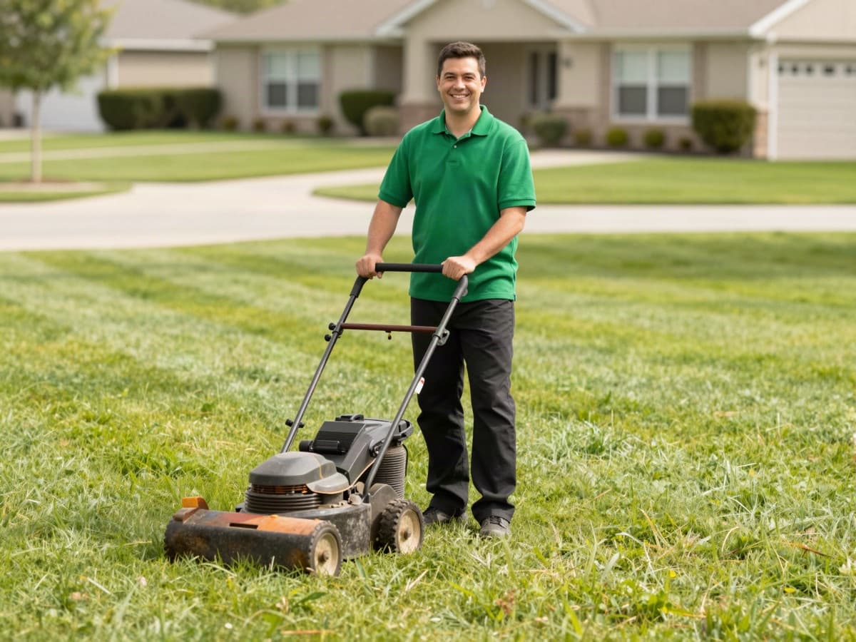 A lawn-care pro in a green polo mowing a healthy suburban lawn into clean stripes