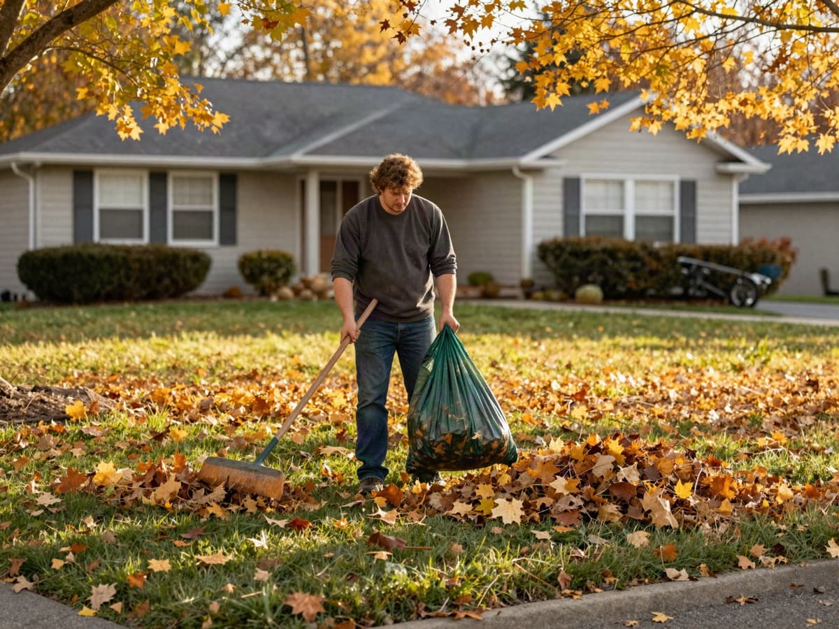 A worker raking and bagging autumn leaves in a front yard on a golden fall afternoon