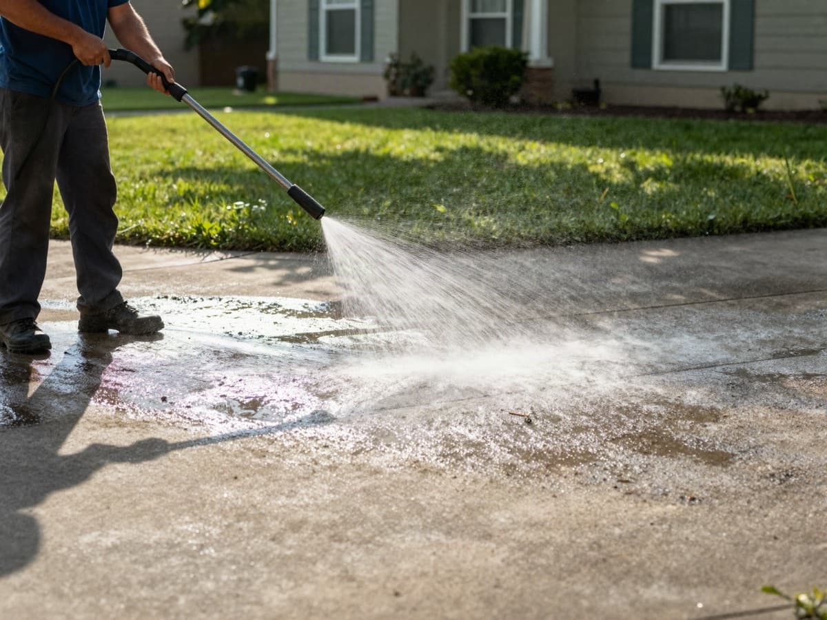 A worker pressure washing a driveway, leaving a bright clean strip across the concrete