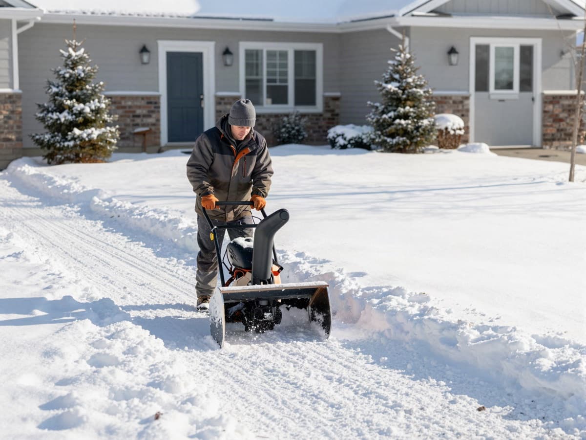 A worker clearing a suburban driveway with a snow blower after a fresh snowfall