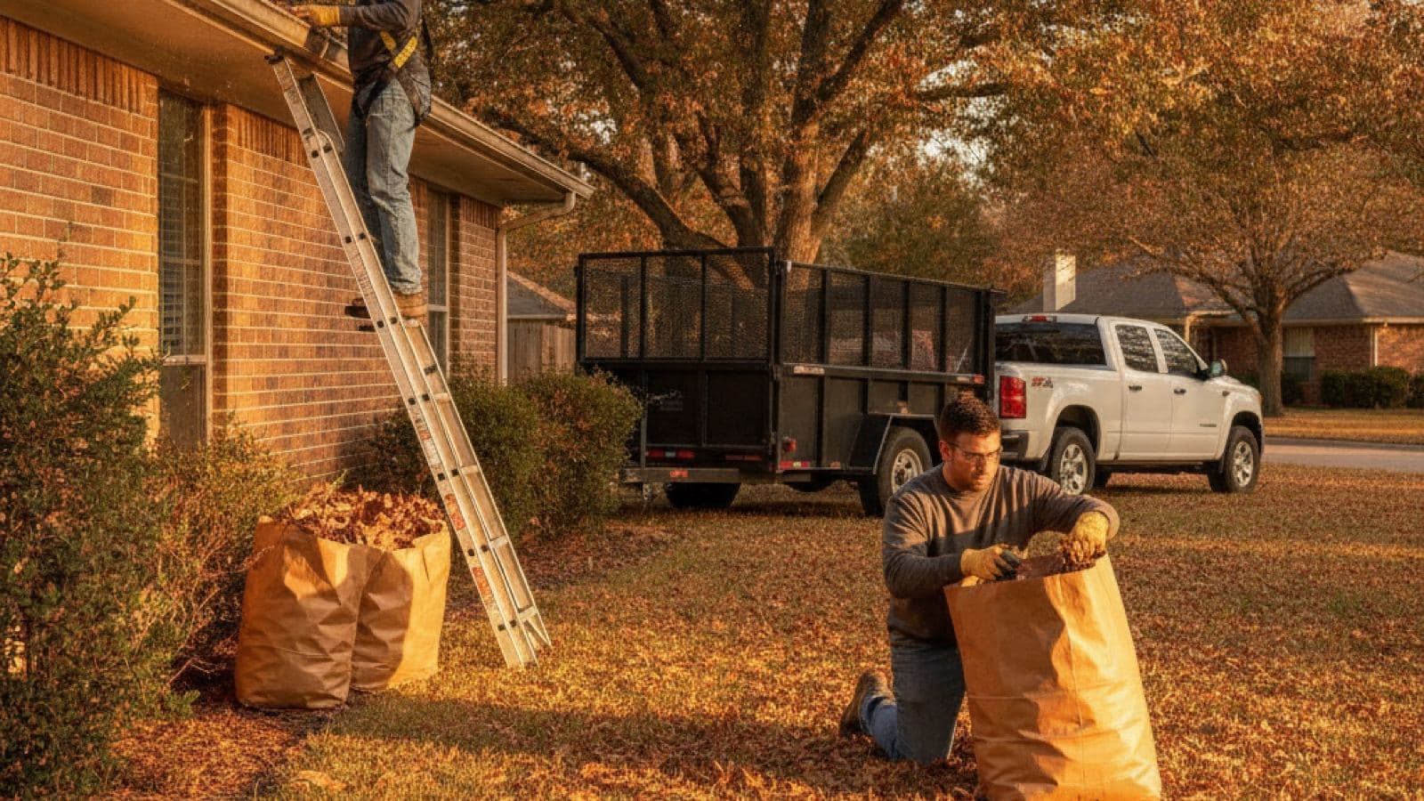A two-person crew cleans gutters from a ladder while bagging fallen leaves on a suburban lawn, pickup and dump trailer parked once at the curb.