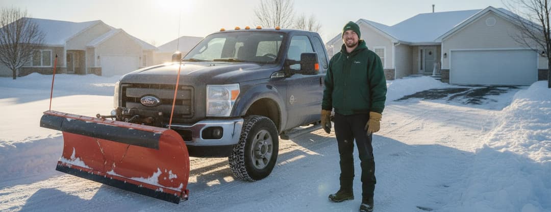 A plow-mounted pickup on a freshly cleared snowy suburban street, the kind of loop an operator can keep all winter.