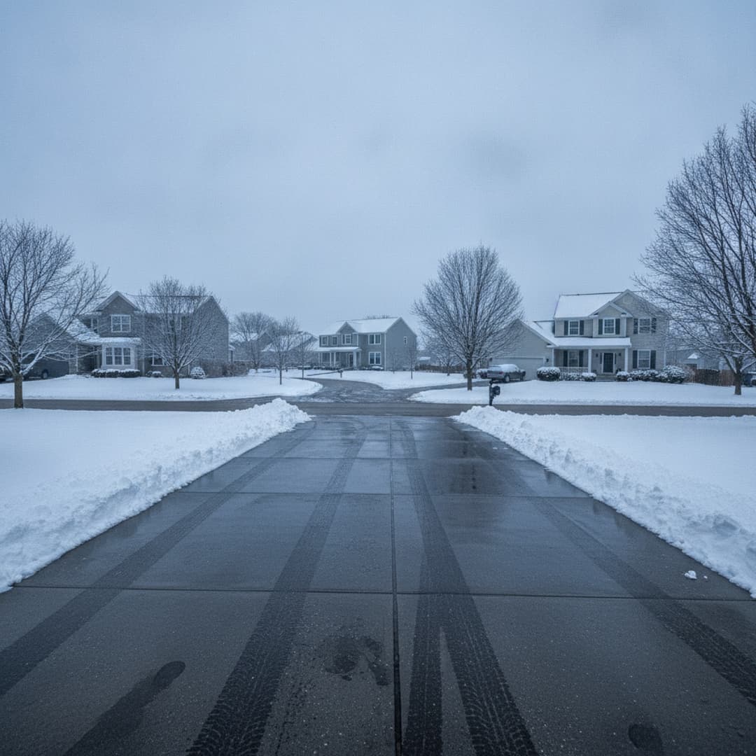 A freshly cleared suburban driveway after a snowfall, the paved area a plow actually prices.