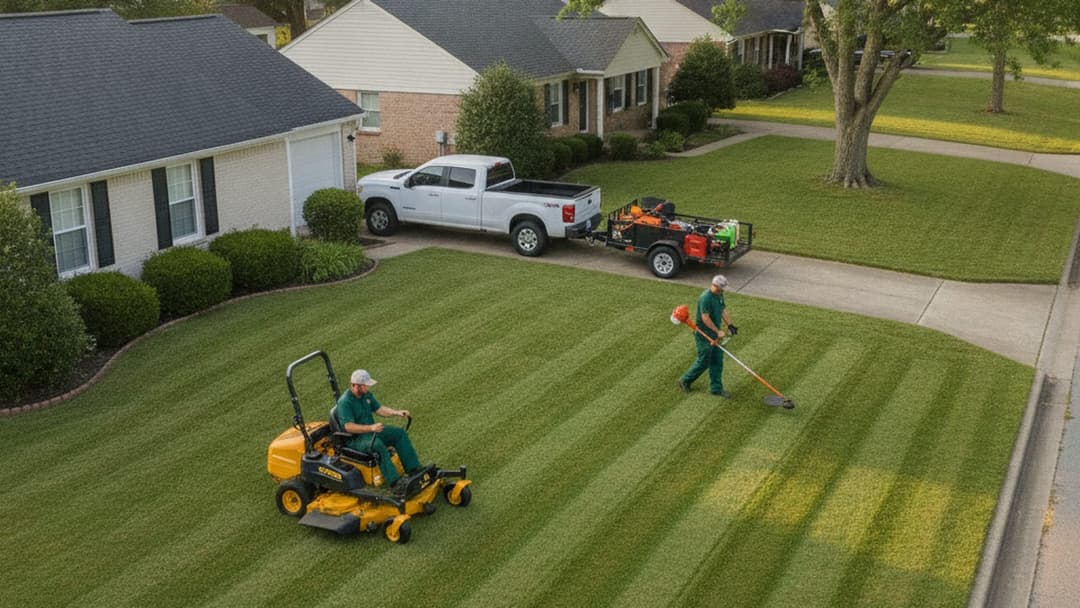 A two-person lawn crew mows and edges neighboring front lawns on one suburban street while their trailer stays parked at the curb.