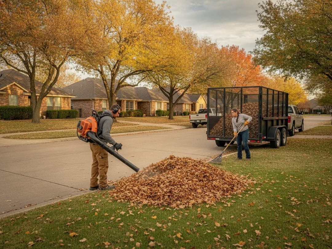 A two-person landscaping crew blows and loads fallen oak and pecan leaves into a dump trailer parked once on a suburban street in fall.