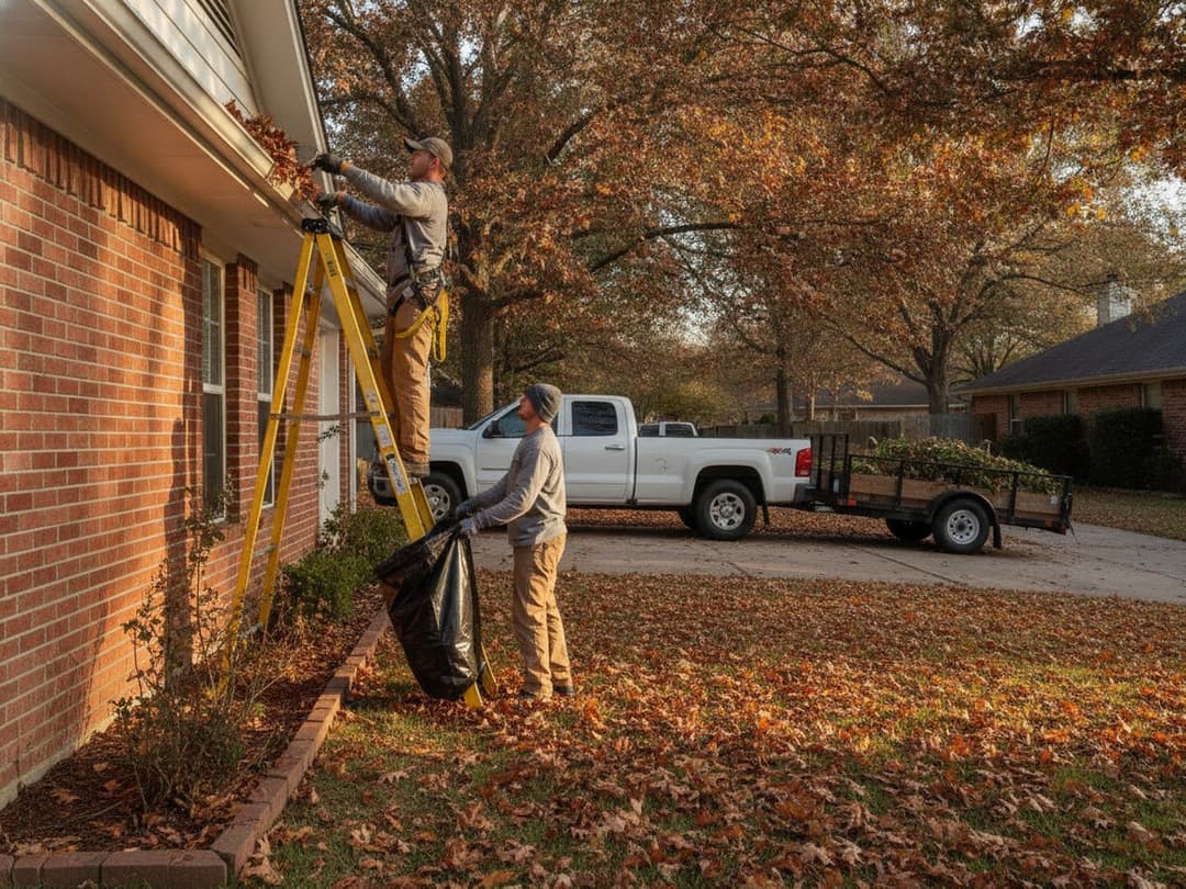 A two-person landscaping crew cleans gutters on a suburban one-story home, extension ladder against the eaves, pickup and trailer parked once at the curb.
