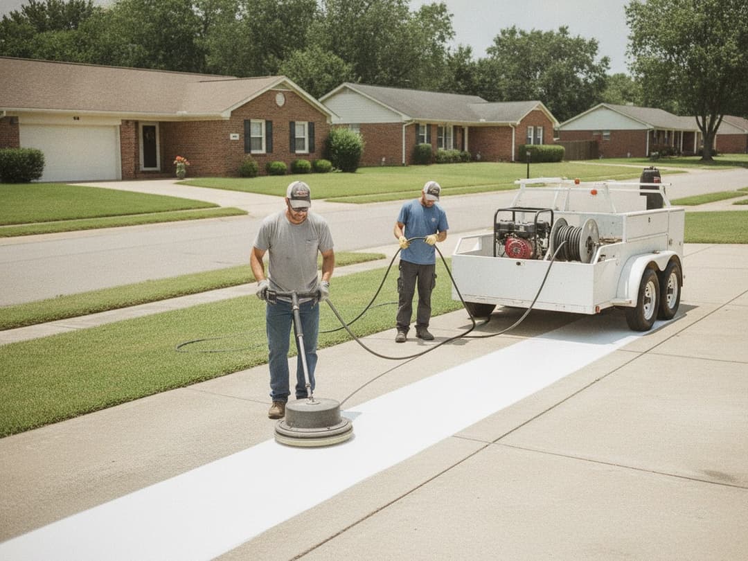 A two-person crew pressure washes a suburban concrete driveway with a surface cleaner, trailer and pressure washer staged once at the curb.