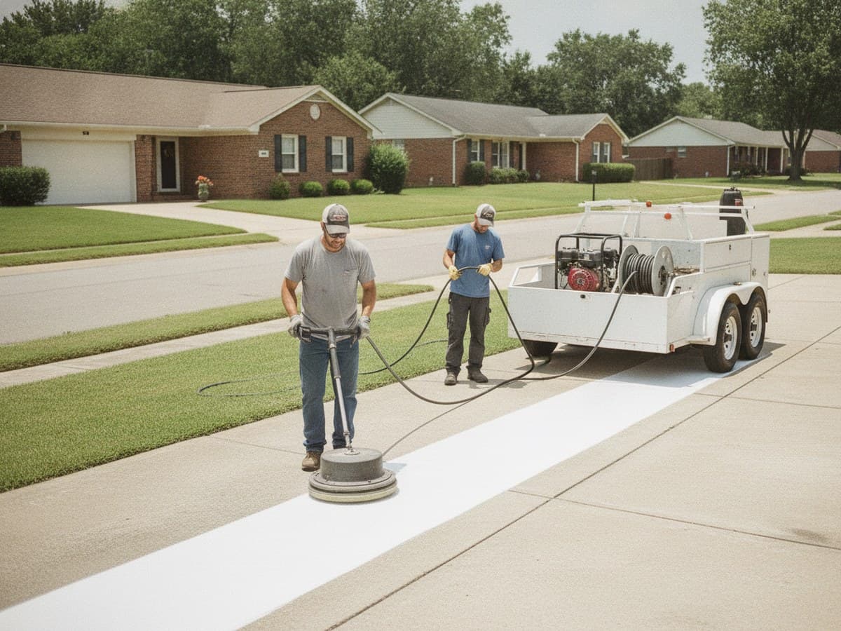 A two-person crew pressure washes a suburban concrete driveway with a surface cleaner, trailer and pressure washer staged once at the curb.