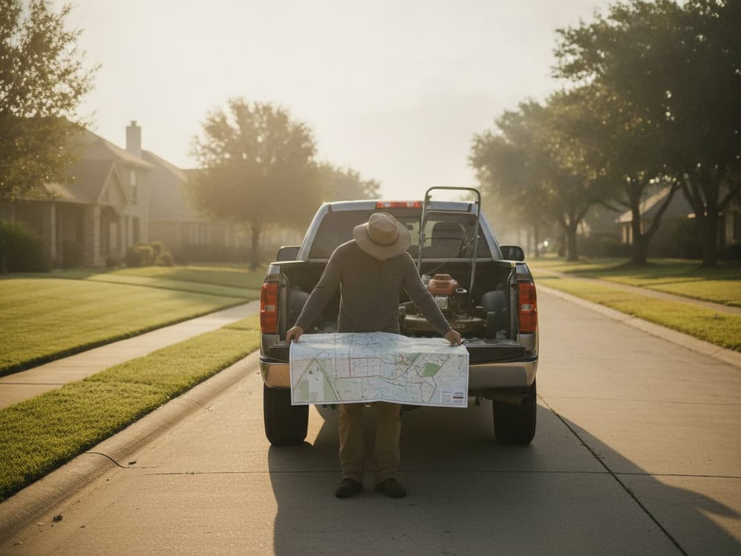 A solo landscaper studies a street map at the tailgate of his truck, walk-behind mower on the trailer, on a quiet suburban block.