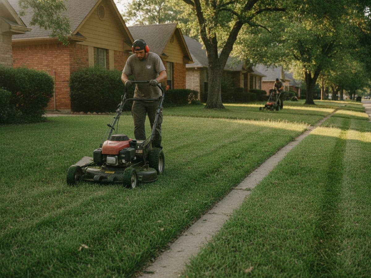 A crew member pushes a walk-behind mower on one suburban front lawn while a second crew member works the neighboring yard down the block.