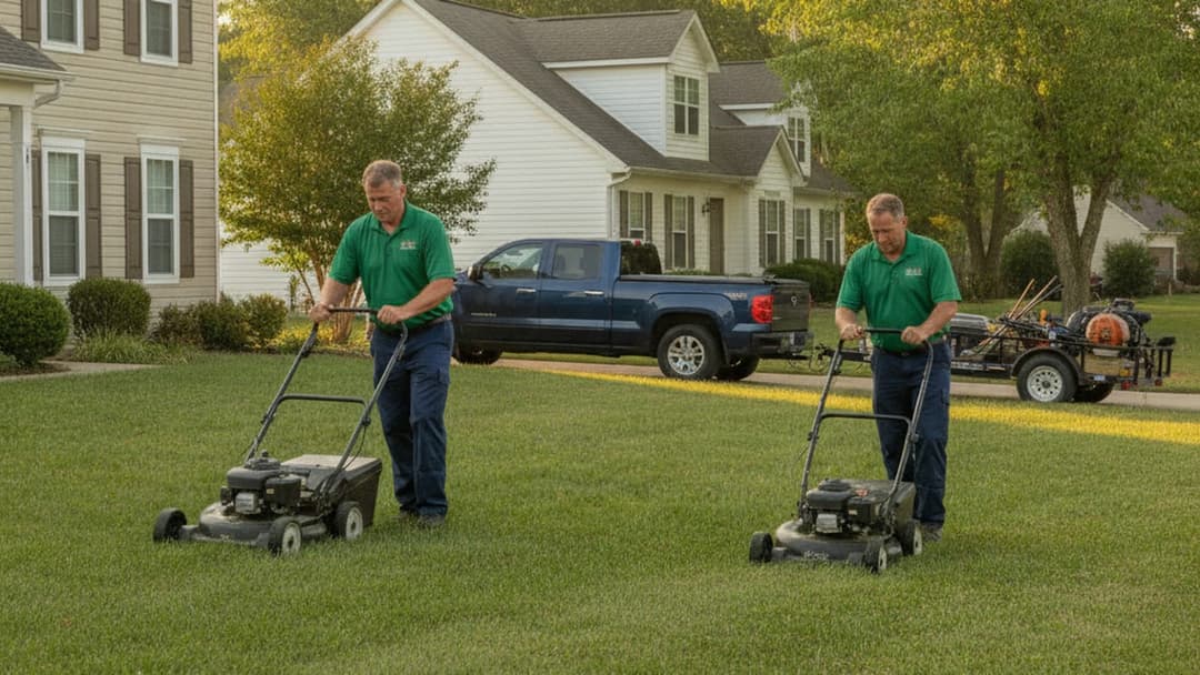 A landscaping crew works neighboring front lawns on one suburban street, with a pickup and trailer parked at the curb.