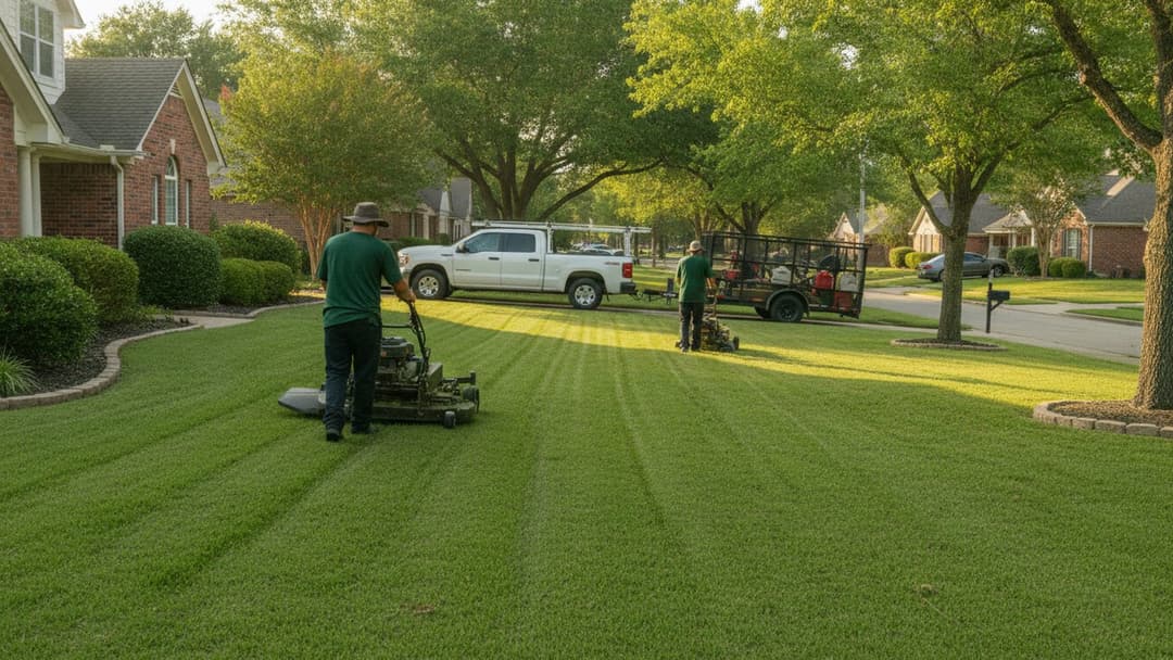 A two-person landscaping crew mows neighboring front lawns on one suburban street, with the pickup and trailer parked once at the curb.