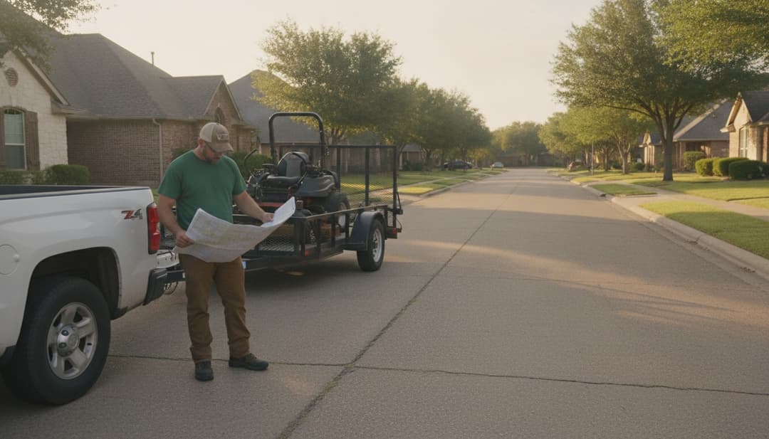 A lawn care business owner reviews a route map at the tailgate of his truck, zero-turn mower on the trailer, on a suburban Texas street.