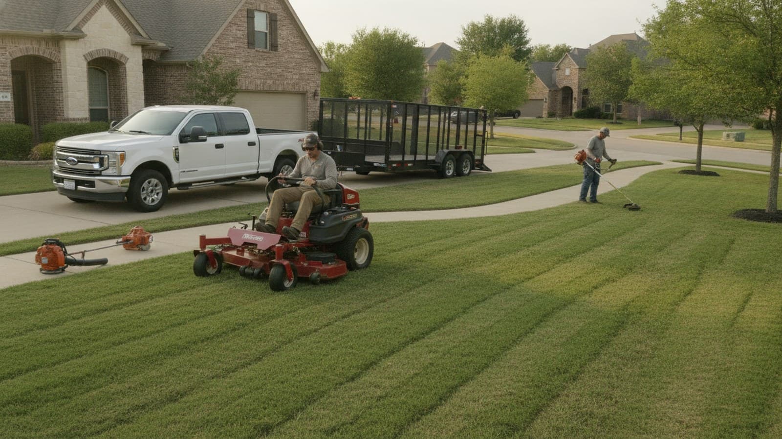 A two-person lawn crew works a suburban front yard beside their parked truck and trailer, with mower, trimmer, and blower staged on the driveway.