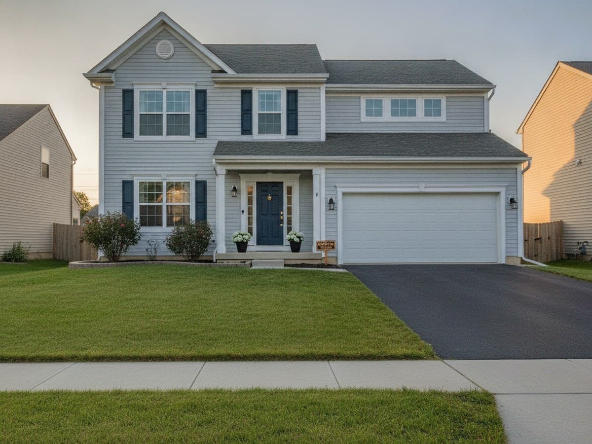 Guest-ready suburban rental exterior with a freshly mowed front lawn and clean driveway on a quiet residential street.