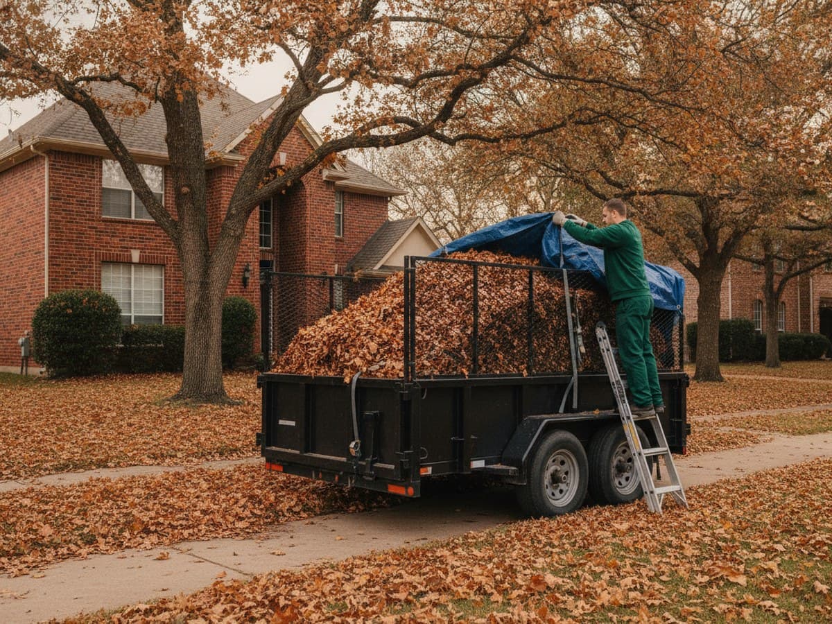 A worker on a step ladder pulling a tarp across a dump trailer heaped with fallen leaves at a suburban curb.
