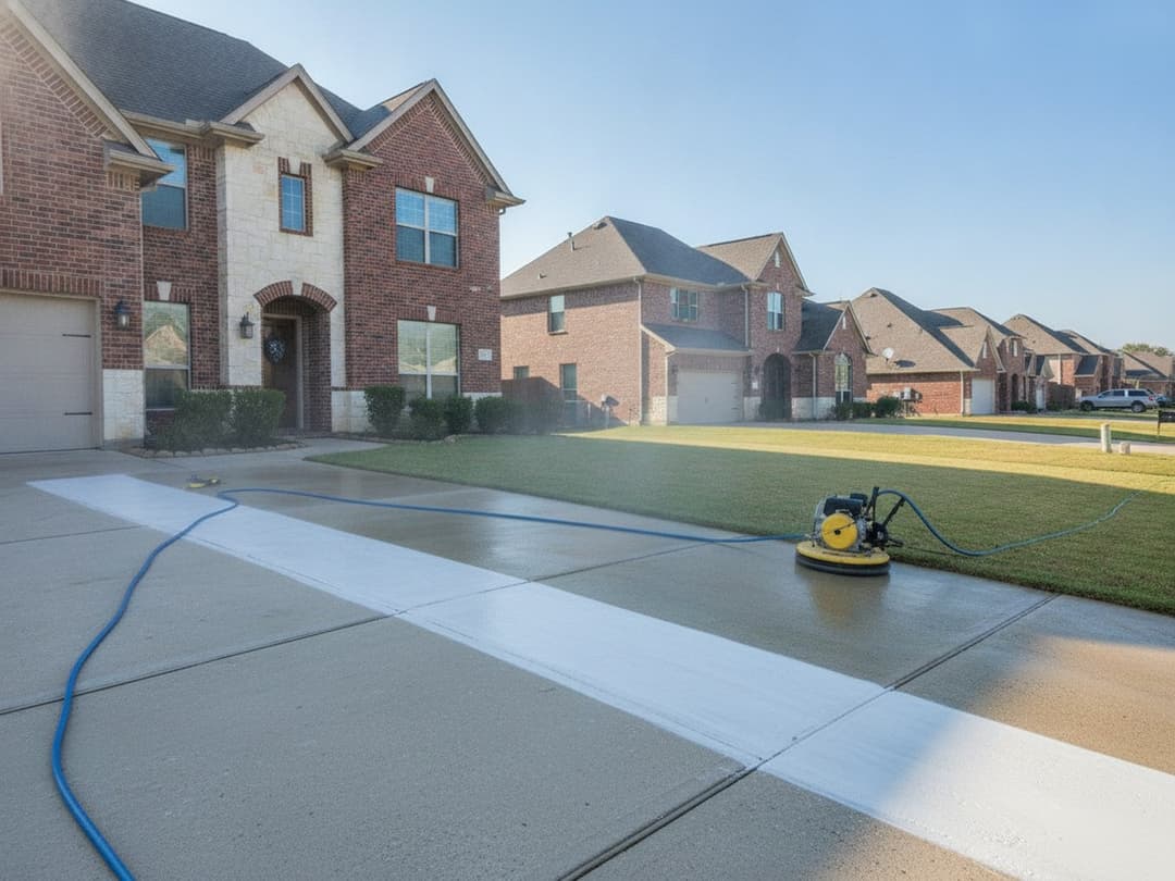 A McKinney-style brick home with a surface cleaner mid-pass on the driveway, one clean stripe next to the dirty concrete.