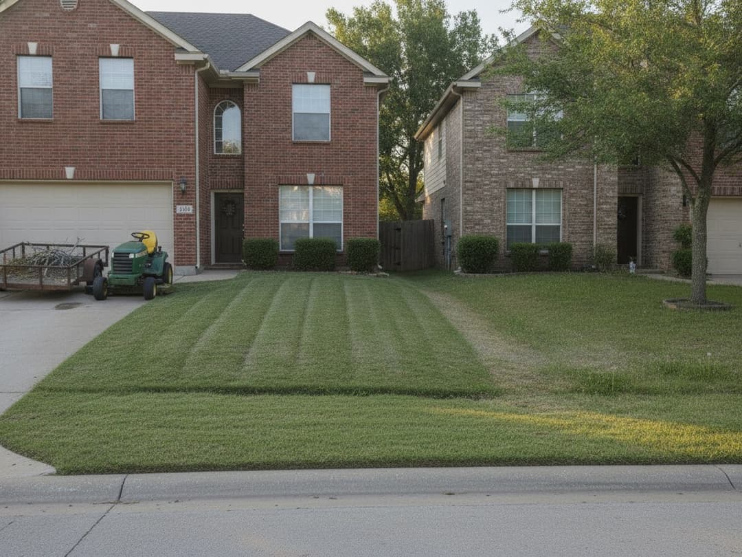 Two neighboring suburban front lawns on one street: one freshly mowed and even, the next slightly taller after a longer gap between cuts.
