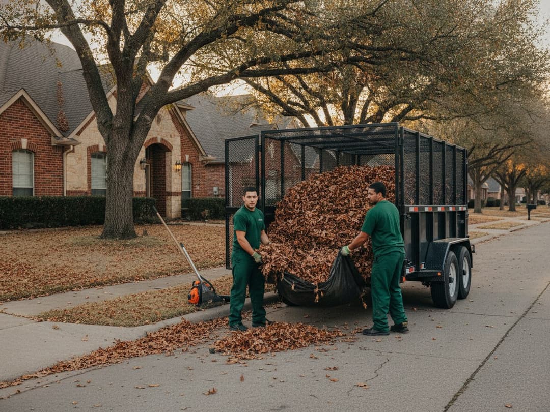 A two-person crew loading fallen oak and pecan leaves into a dump trailer with leaf sides on a North Texas street in fall.