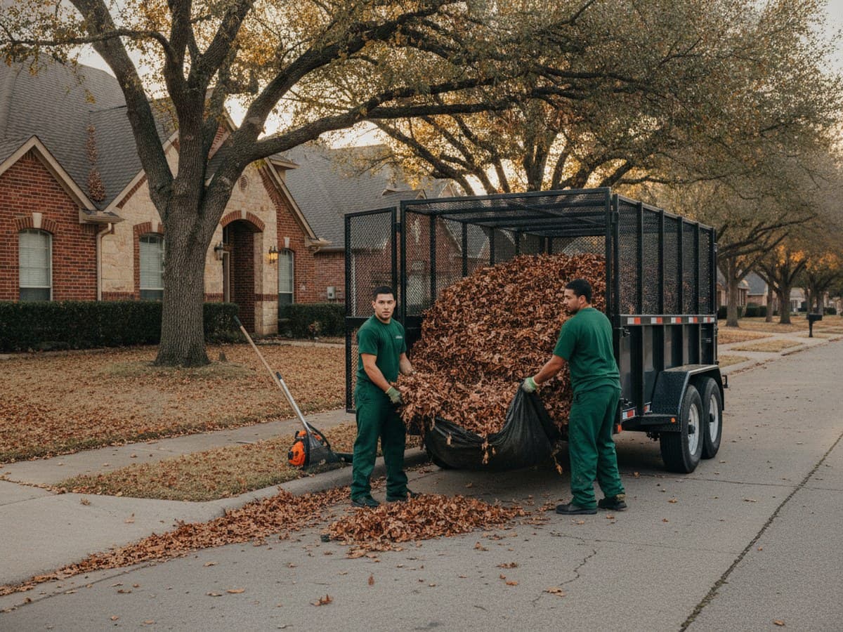A two-person crew loading fallen oak and pecan leaves into a dump trailer with leaf sides on a North Texas street in fall.