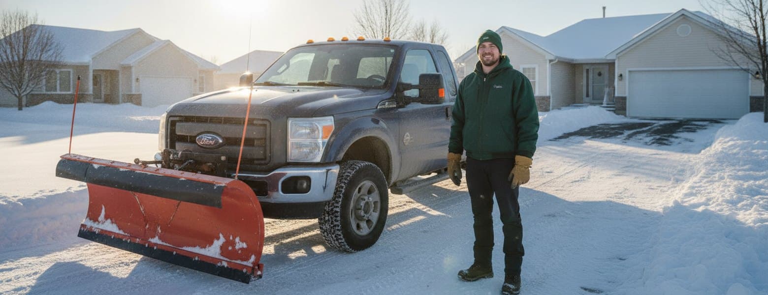 Service pro in a green jacket standing by his plow-mounted pickup truck on a freshly cleared, snowy suburban street