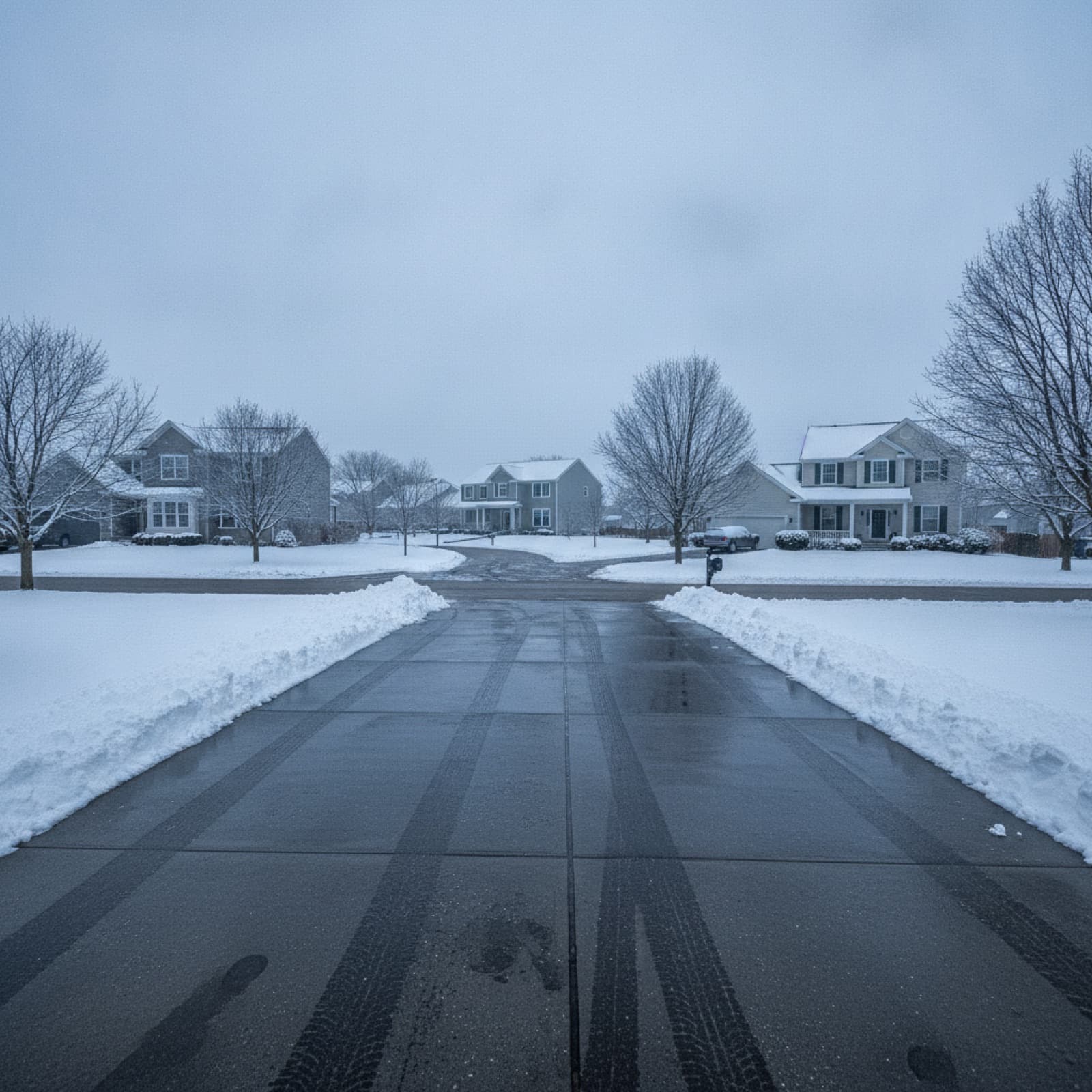 A freshly cleared suburban driveway after a snowfall, the paved area a plow actually prices.
