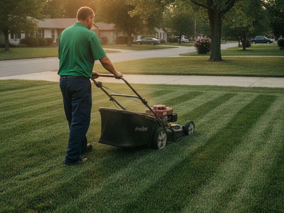 A walk-behind mower on a freshly cut suburban lawn, with the next neighboring yard already in the same crew's path.